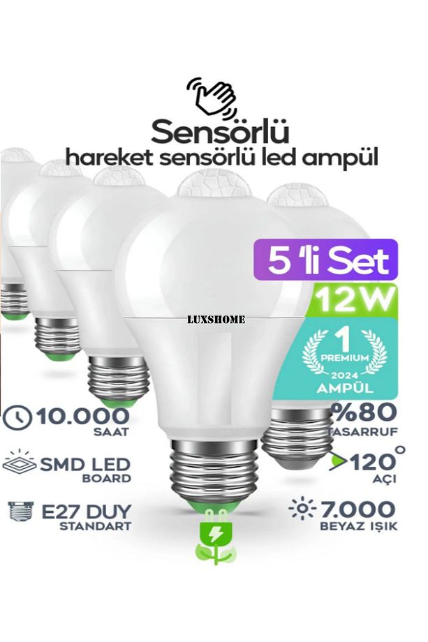 Hareket Sensörlü Led Lamba 5 Adet Ampül Beyaz Işık 12w %80 Tasarruflu Otomatik Yanıp Söner - 1