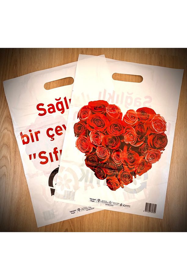 Ecoplast Takviyeli Mağaza Poşeti 3no Kalpli Gül Deseni 50 Adet 33x45 Cm Ölçülerinde - 1