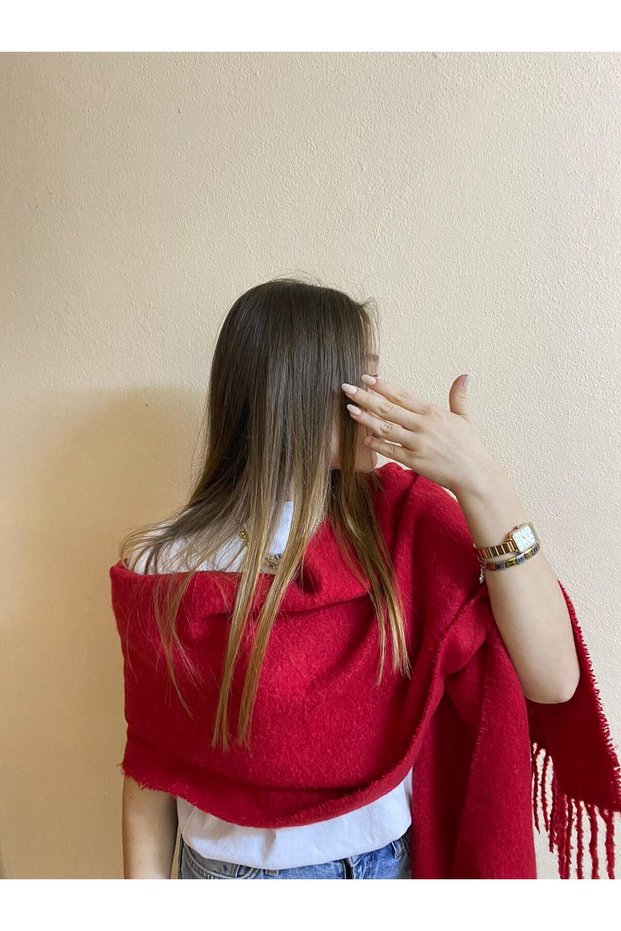 Women's Red Winter Shawl with Wide Tassels - Soft Shoulder Shawl - New Year's Gift