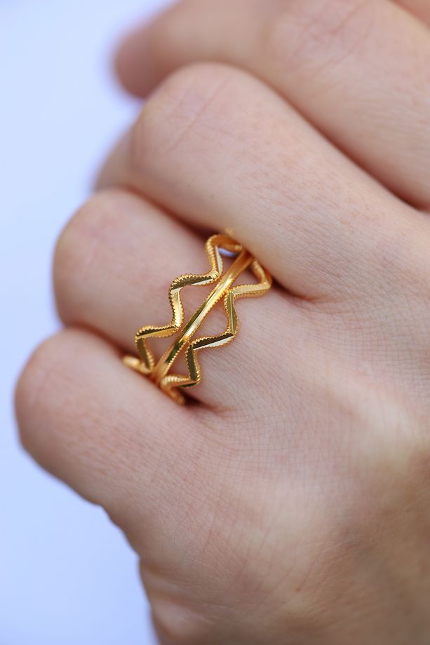 14 Ayar Altın Zigzag Ve Düz Ajda Modeli Yüzük - 4
