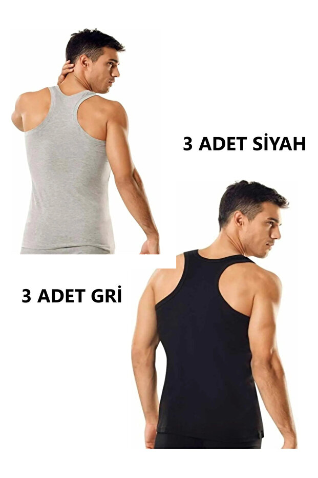 6 Pack Men's Gray Black Ribbed Athlete (Rambo) Singlet 100% Cotton -My00001