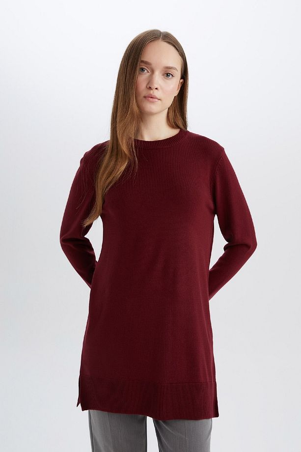 Regular Fit Bisiklet Yaka Yırtmaçlı Basic Düz Kazak Tunik H3431AZ24AU - 3