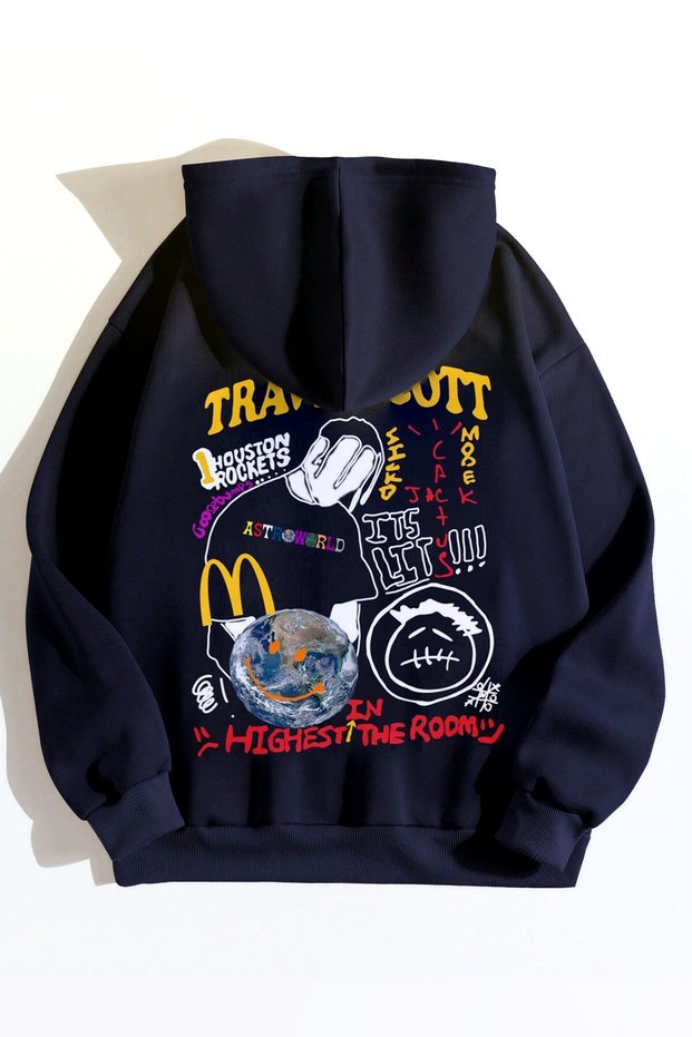 Travis Scott Sweatshirt - Navy Printed Oversize Thick Hooded Hoodie