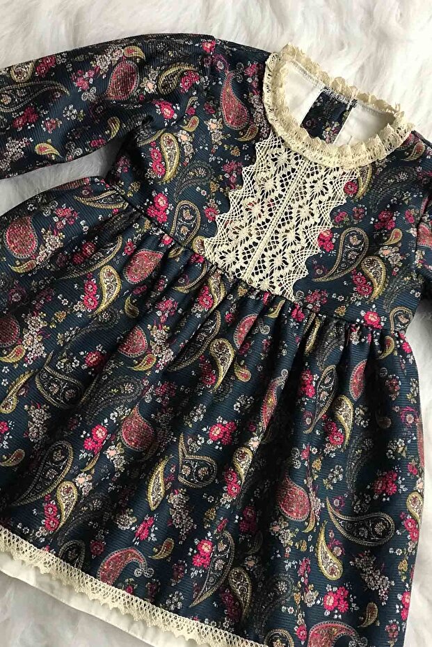 Lace Detailed Paisley Patterned Dark Blue Multicolor Baby Girl Design Dress