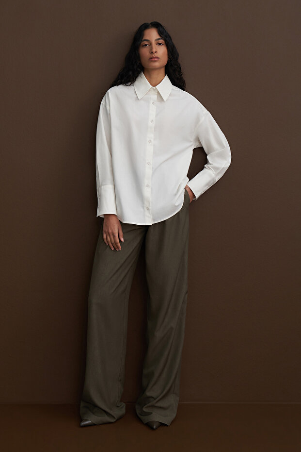 Ekru Private Edition Poplin Nakış Detaylı Oversize Gömlek - 3