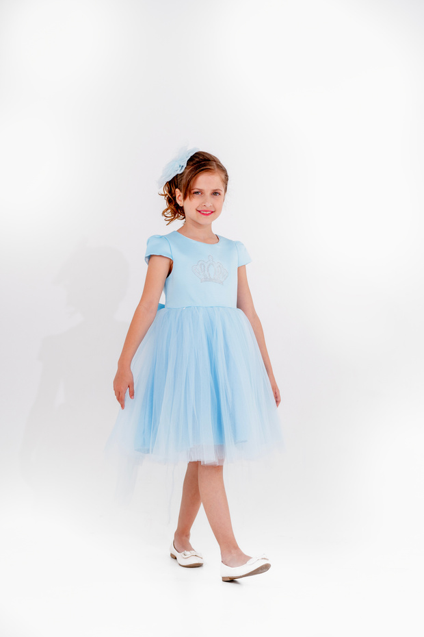 Girl's Tulle Evening Dress, Crown Printed Tail Detail, Bow Summer Dress, Age 5-8
