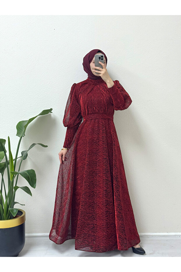 Večerní třpytivé třpytivé šaty s balonovým rukávem Soudce – vínové - 3