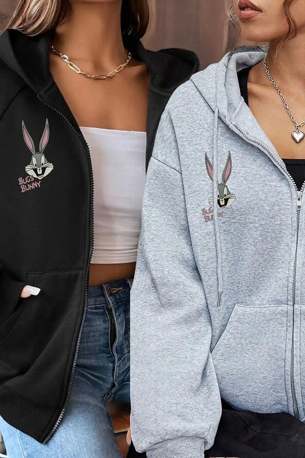 2'Li Bugs Bunny Baskılı Oversize Mevsimlik Kapüşonlu Fermuarlı Sweatshirt/Hırka - 1