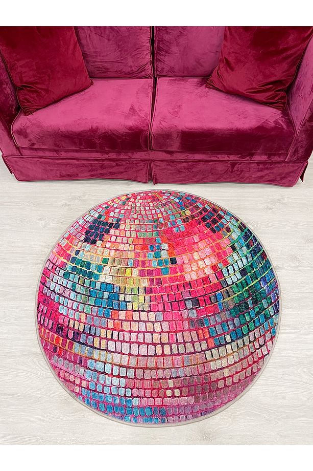 Pembe Disko Topu Şekilli Daire Lateks Taban Halı - 1