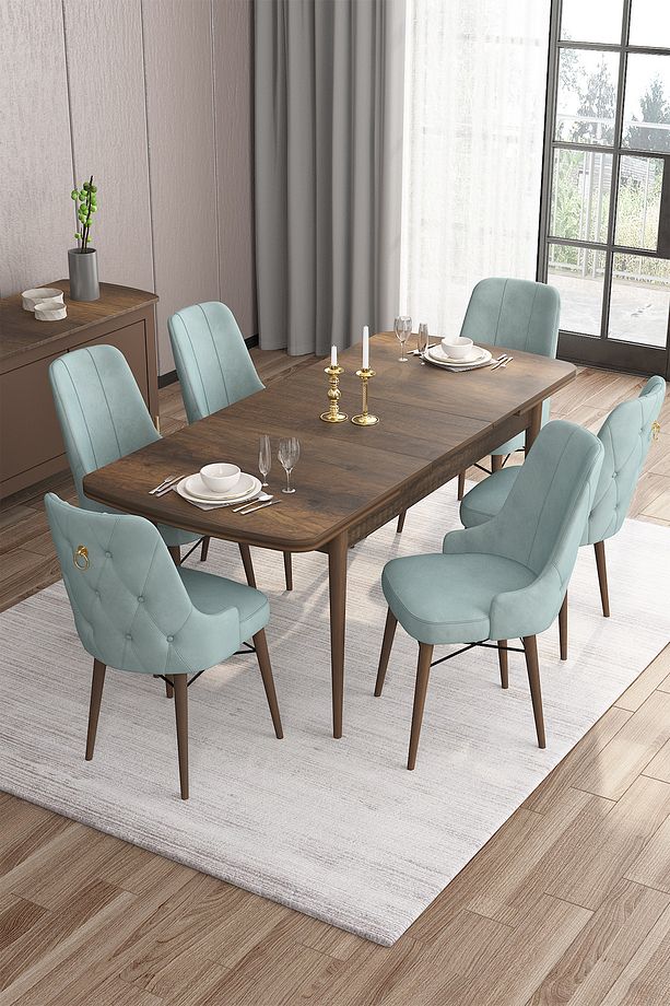 Are Serisi 80x132 Açılabilir Mdf Barok Ahşap Desen Masa Takımı Ve 6 Su Yeşili Sandalye - 3