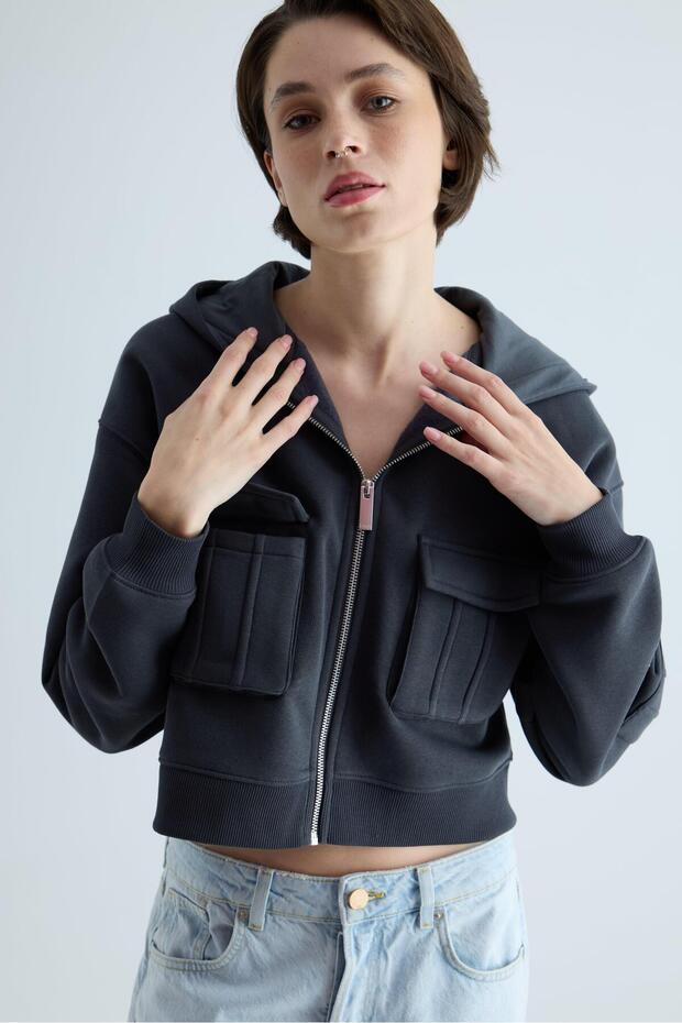Women's Anthracite Gusseted Pocket Detailed Hooded Crop Cardigan