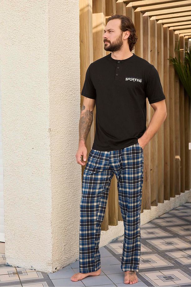 Lodos Store Aydoğan Erkek Süprem Kısa Kollu Ekose Desenli Mottolu Pamuklu Pijama Takımı - Siyah - 1