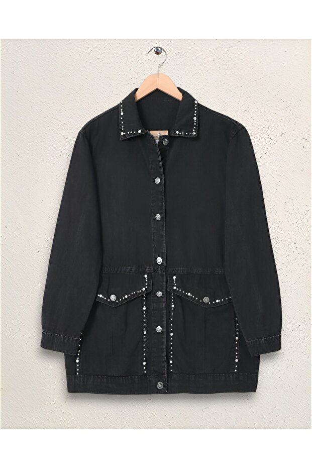 Stone embellished denim jacket with collar and pockets - black