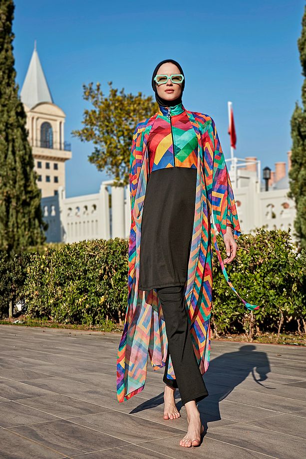 Remsa Tesettür Mayo Üzerine Tek Kaftan Kimono Pareo RP016 Tetris - 6