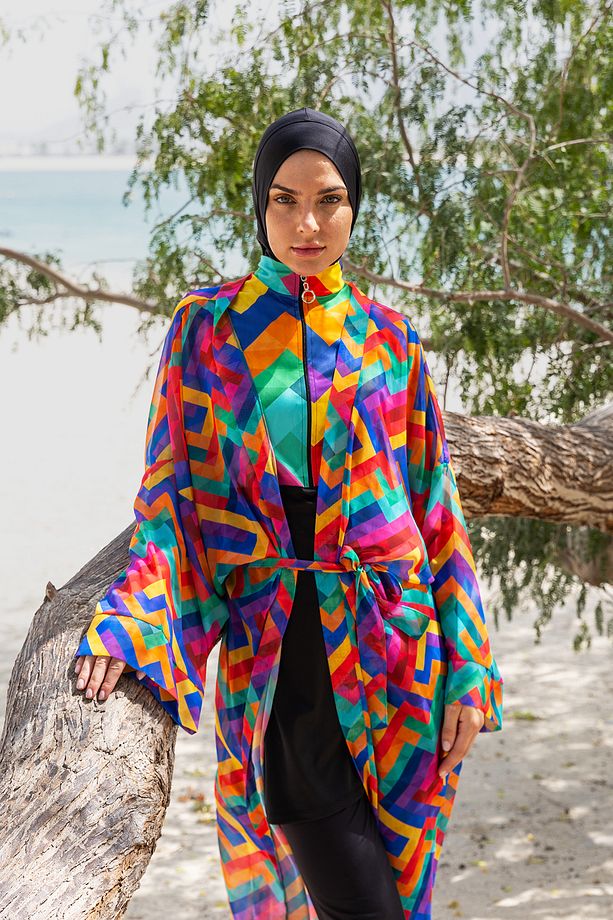 Remsa Tesettür Mayo Üzerine Tek Kaftan Kimono Pareo RP016 Tetris - 3