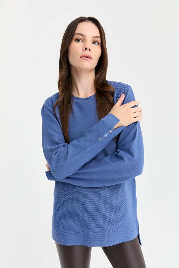 Women's Crew Neck Slit Sweater 24357 Indigo