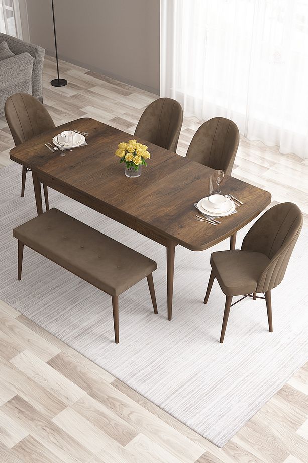 Roz Serisi,80x132 Mdf Açılabilir Barok Ahşap Desen Masa Takımı 4 Kahverengi Sandalye Ve 1 Bench - 2