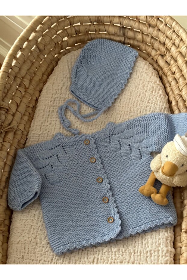 Knitwear Openwork Baby Cardigan and Hat Set - Hand Knitted
