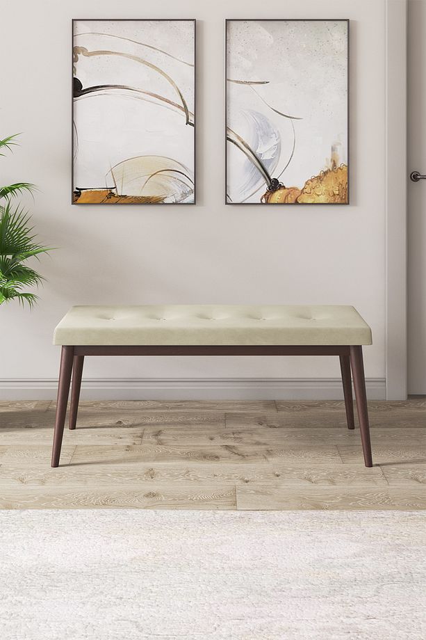 Roz Serisi,80x132 Mdf Açılabilir Barok Ahşap Desen Masa Takımı 4 Krem Sandalye Ve 1 Bench - 6