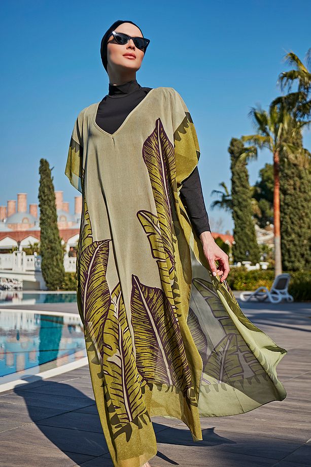 Remsa Tesettür Mayo Üzerine Tasarım Tek Kaftan Pareo RDP001 Dev Yapraklar - 4
