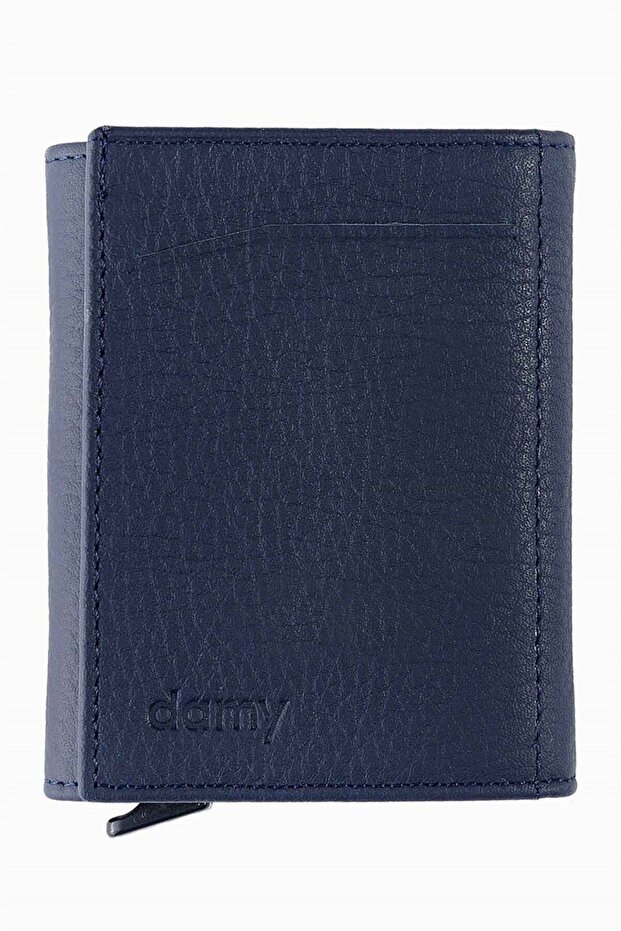 Genuine Leather Unisex Mechanism Wallet 626Mg - Navy Blue