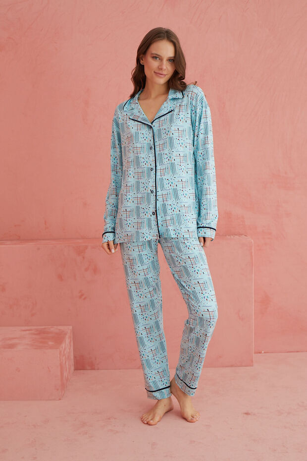 Multicolor Patterned Viscose Front Button Pajamas Set - 2