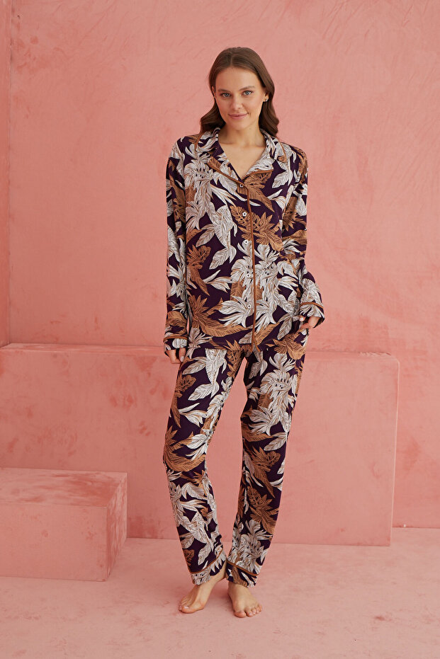 طقم بيجامة فيسكوز منقوشة بأزرار أمامية متعددة الألوان - 2