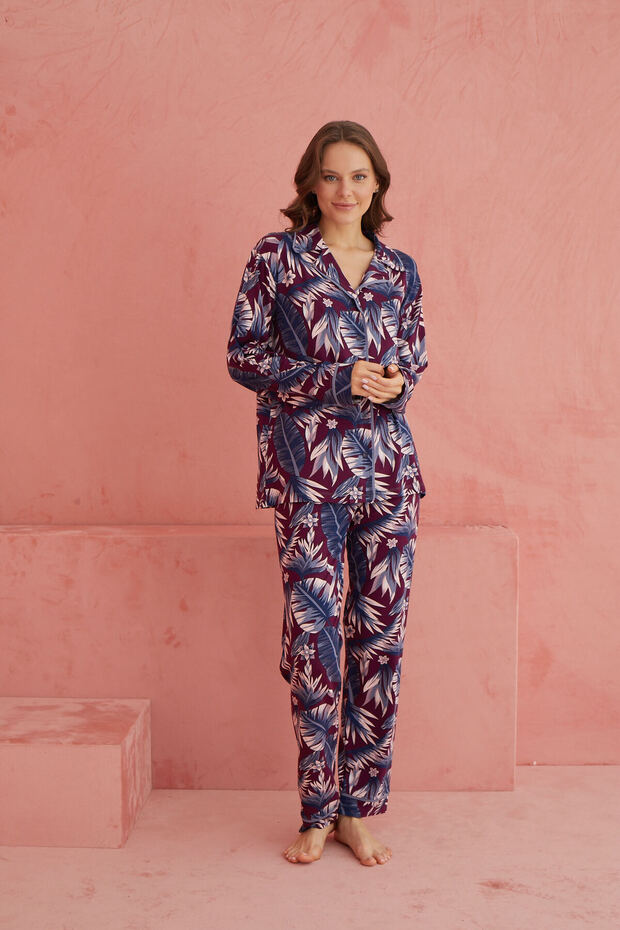 Çok Renkli Desenli Viskon Önden Düğmeli Pijama Takım - 2