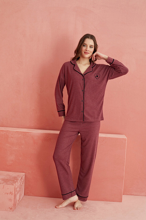 Bordo Kalp Desenli Kaşmir Önden Düğmeli Pijama Takım - 2