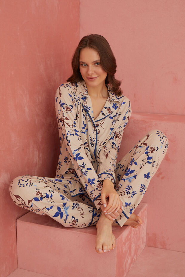 طقم بيجامة فيسكوز منقوشة بأزرار أمامية متعددة الألوان - 1