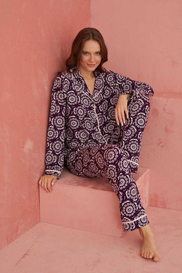 طقم بيجامة فيسكوز منقوشة بأزرار أمامية متعددة الألوان - 1