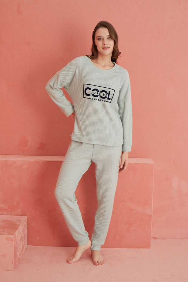 Yeşil Cool Baskılı Pitikare Waffle Pijama Takımı - 2