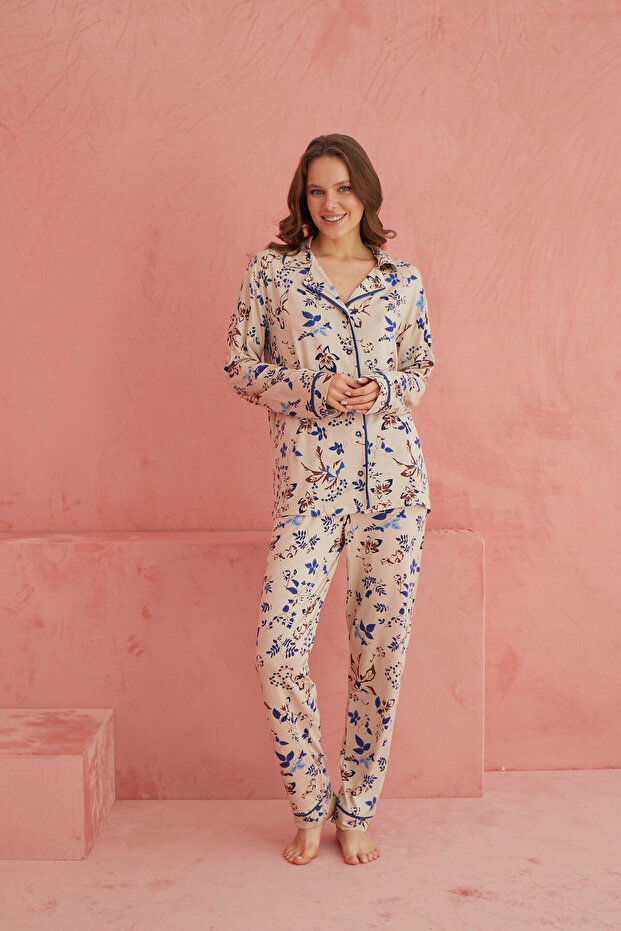 طقم بيجامة فيسكوز منقوشة بأزرار أمامية متعددة الألوان - 2