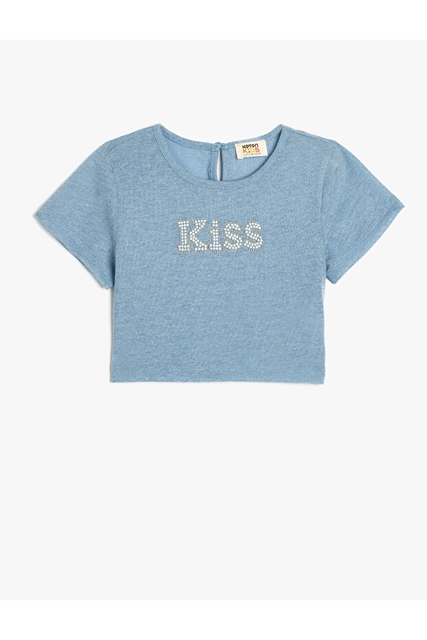Crop Blouse Short Sleeve Round Neck Slogan Printed Sequined