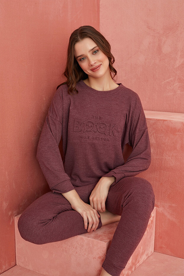 Mürdüm Book Desenli Kaşmir Pijama Takım - 1