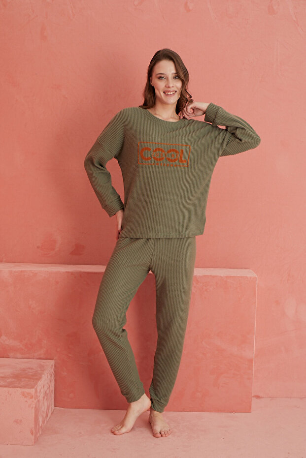 Haki Cool Baskılı Pitikare Waffle Pijama Takımı - 2
