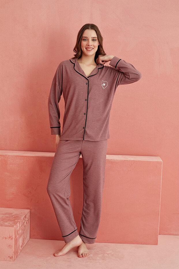Gül Kurusu Kalp Desenli Kaşmir Önden Düğmeli Pijama Takım - 2