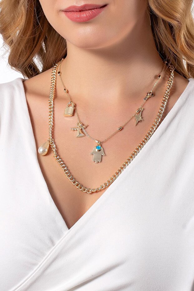 قلادة مزدوجة من الذهب الأصفر متعددة الأشكال - 3