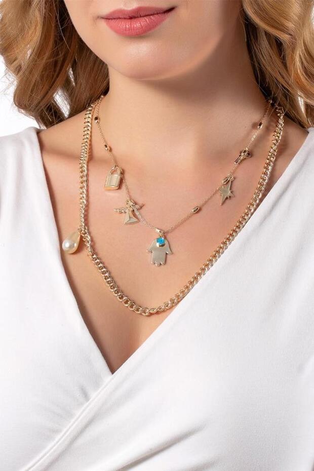 قلادة مزدوجة من الذهب الأصفر متعددة الأشكال - 4