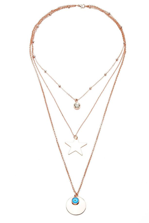 Rose Rengi Para Ve Yıldız Detaylı Üçlü Kolye (40,60*70CM) - 1