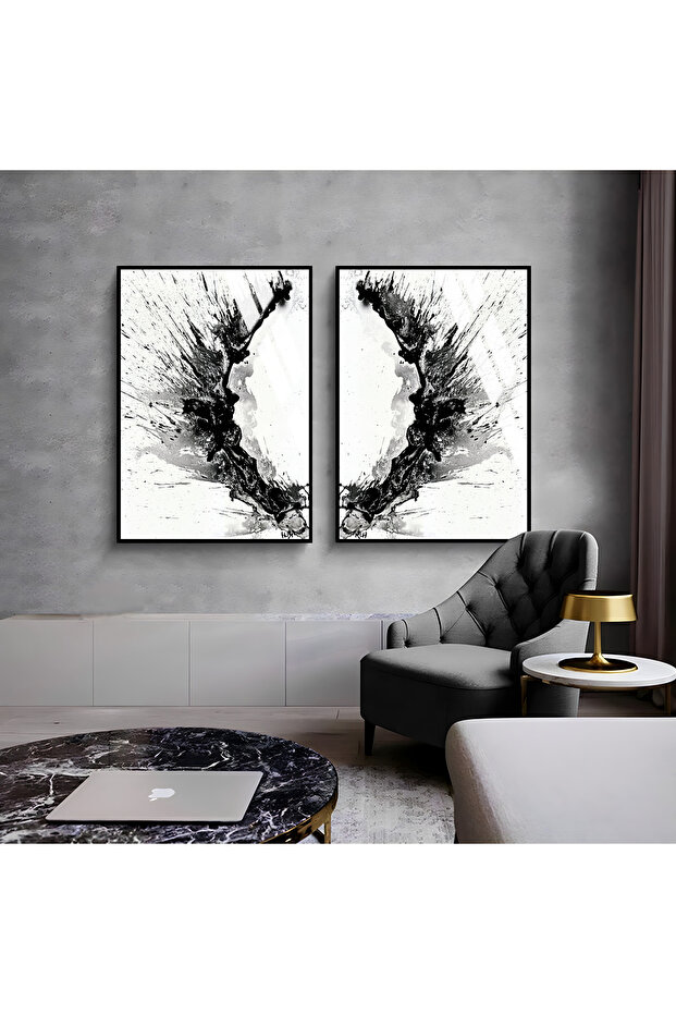 Hari̇kabi̇rev | Black-White Abstract Wave (Without Embossed) | Framed Glass Table 2 Pieces Vertical