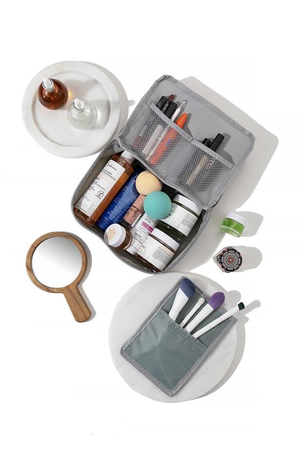 Gray - 4 Compartment Makeup Bag| Care Travel Makeup Cosmetic Organizer Bag