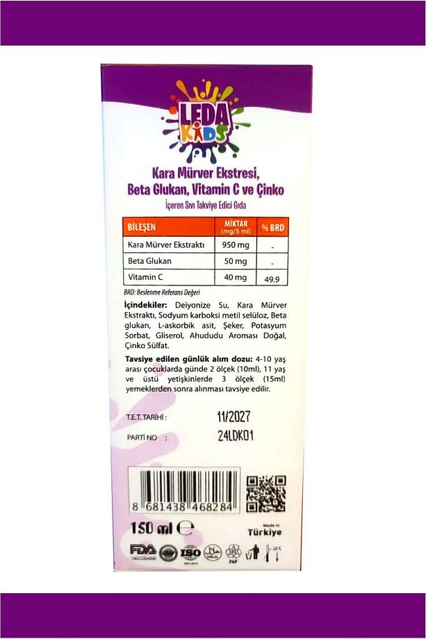 Unisex Kara Mürver Ekstresi C Vitamini Ve Çinko Leda Kids 150 Ml 3 Kutu - 2