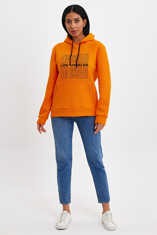 Women's Hooded Comfortable Fit Fleece Inside 3 Thread Los Angeles Printed Sweatshirt Spr24Swk10
