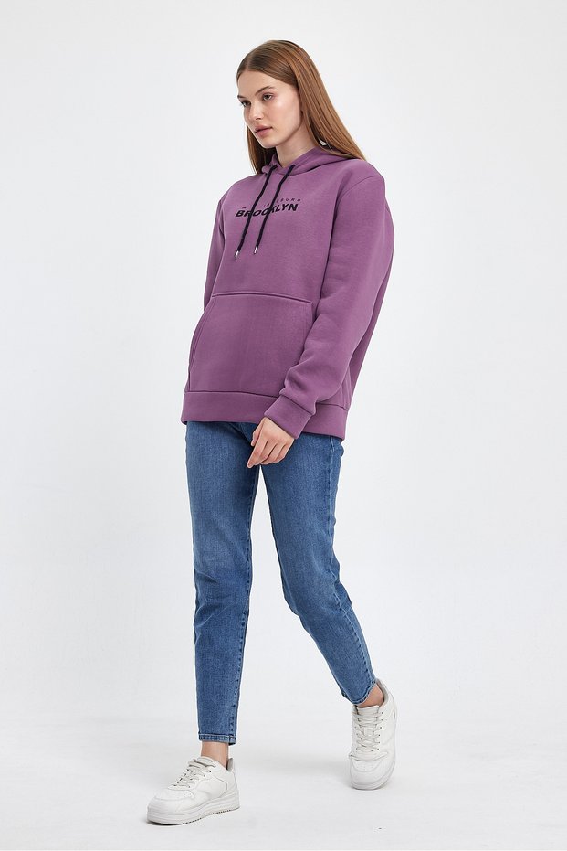 Women's Hooded Comfortable In-mold Fleece 3 Thread Willamsburg Brooklyn Printed Sweatshirt Spr24swk04
