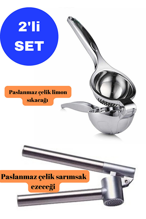 Set of 2 Stainless Steel Heavy Lemon Juicer and Garlic Exfoliate with Container