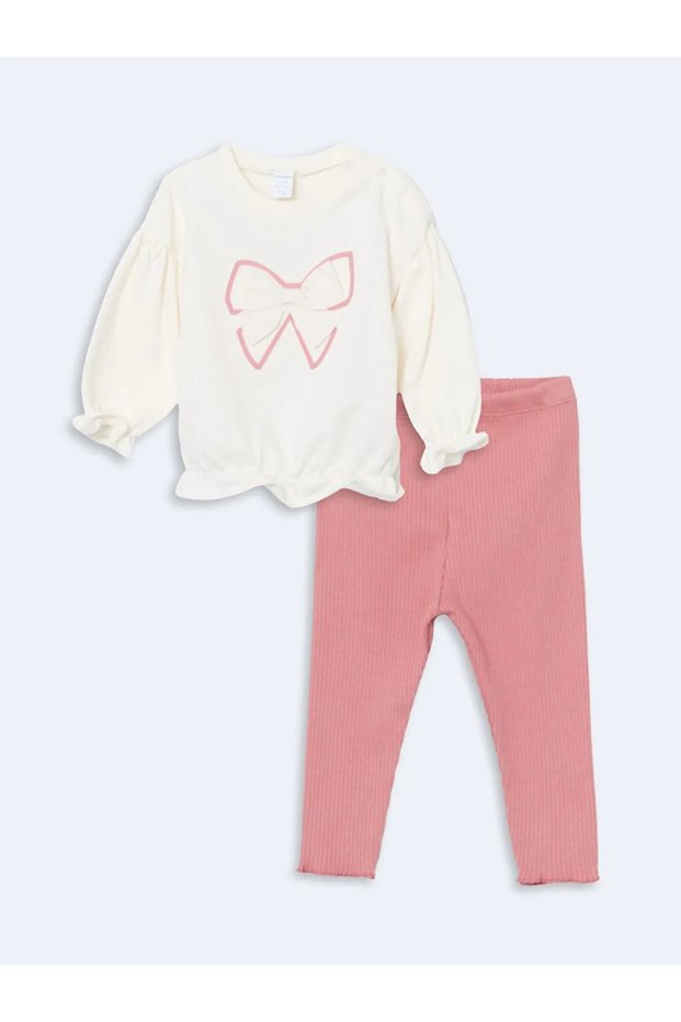 Lcw Baby Ecru Crew Neck Long Sleeve Printed Baby Girl Sweatshirt and Leggings 2-Piece Set