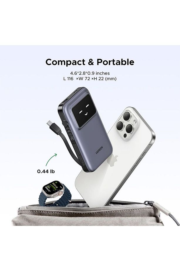 Uno Power Bank USB-C ve USB Portları Dahili Kablo ile 10000mAh 30W - Gri - 7