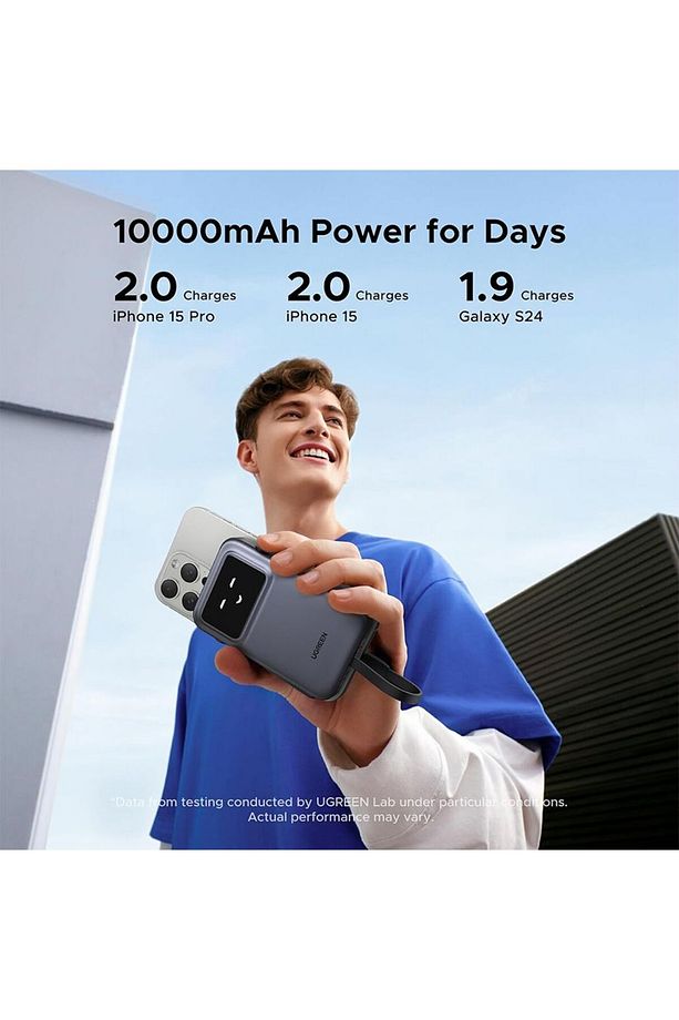 Uno Power Bank USB-C ve USB Portları Dahili Kablo ile 10000mAh 30W - Gri - 6