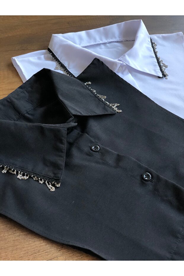 Pack of 2 Chain Detailed Shirt Collar Neck Collar Set Poplin Chain Sleeveless Elastic Flexible Low-Cut